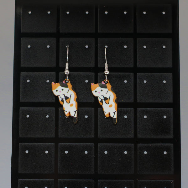 #8014 - Cat Earrings - White, Orange & Black